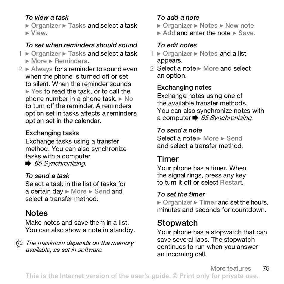 Timer, Stopwatch | Sony K800i User Manual | Page 75 / 98