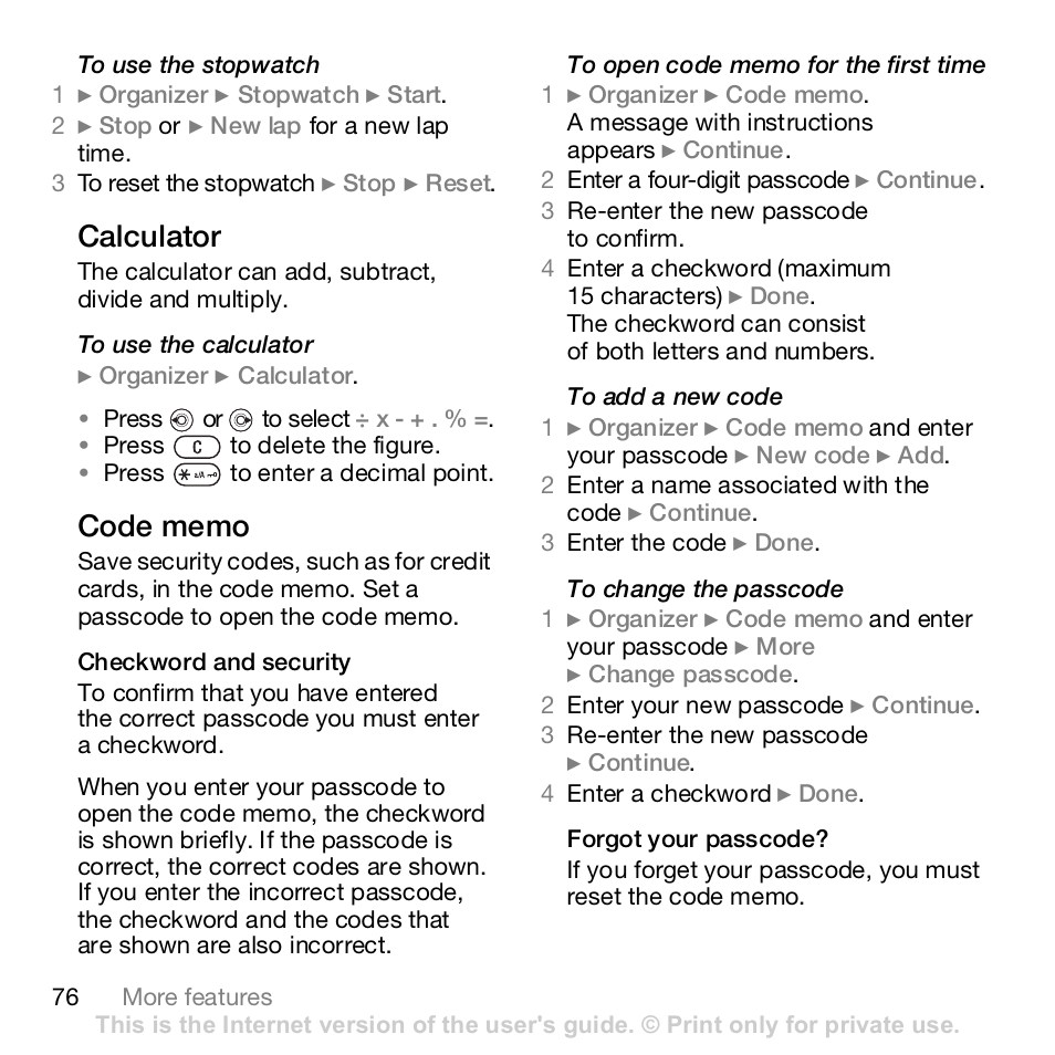 Calculator | Sony K800i User Manual | Page 76 / 98