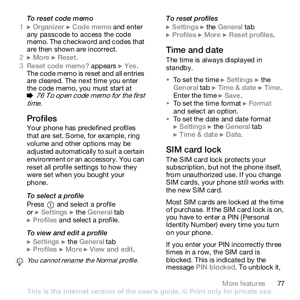 Profiles, Time and date, Sim card lock | Sony K800i User Manual | Page 77 / 98