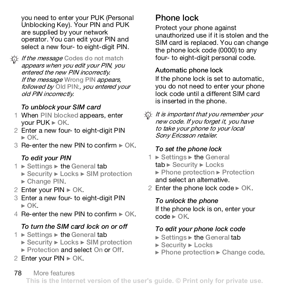 Phone lock | Sony K800i User Manual | Page 78 / 98