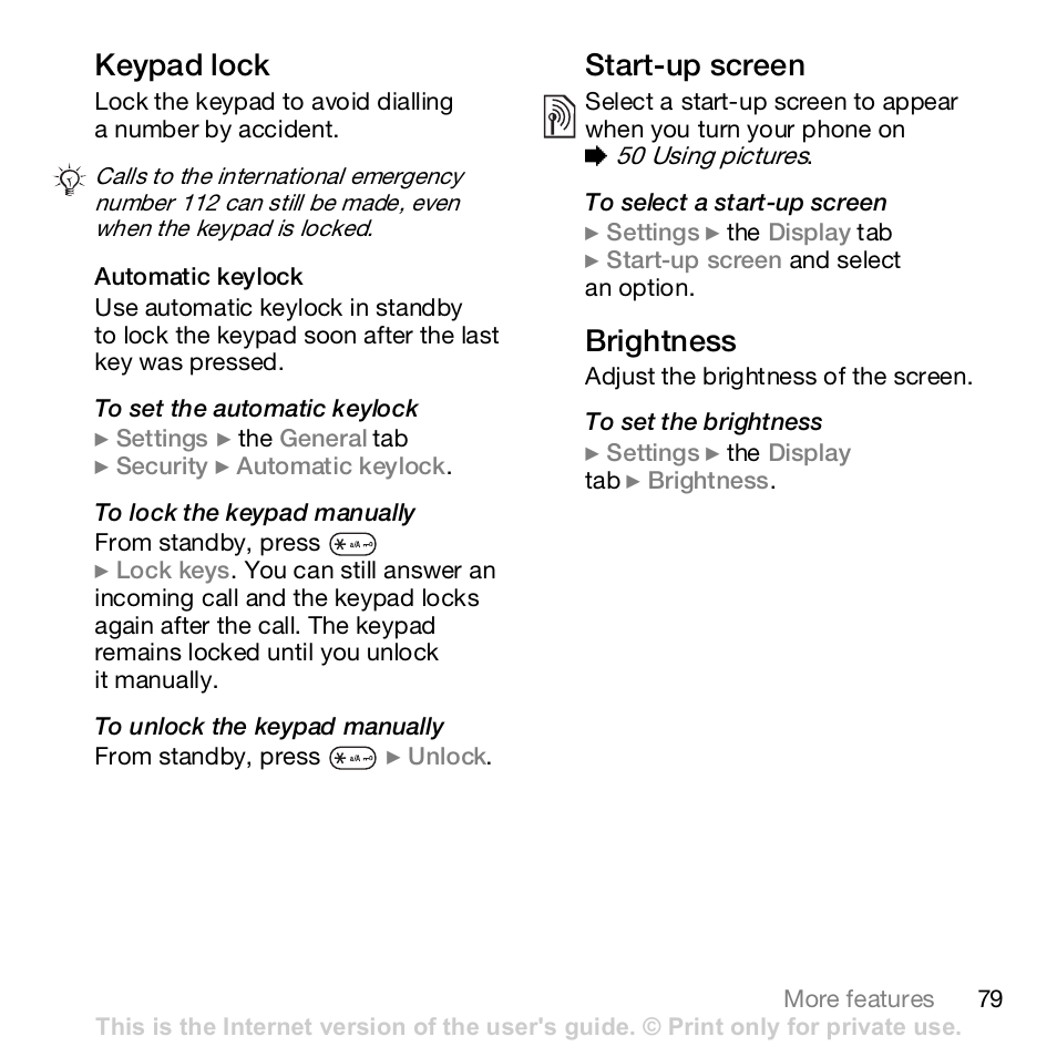 Keypad lock, Start-up screen, Brightness | Sony K800i User Manual | Page 79 / 98