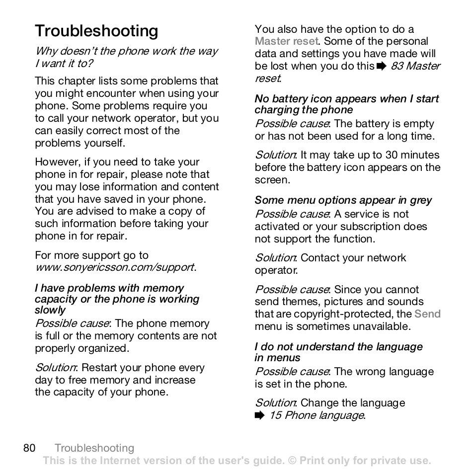 Troubleshooting, Why doesn’t the phone work the way i want it to | Sony K800i User Manual | Page 80 / 98