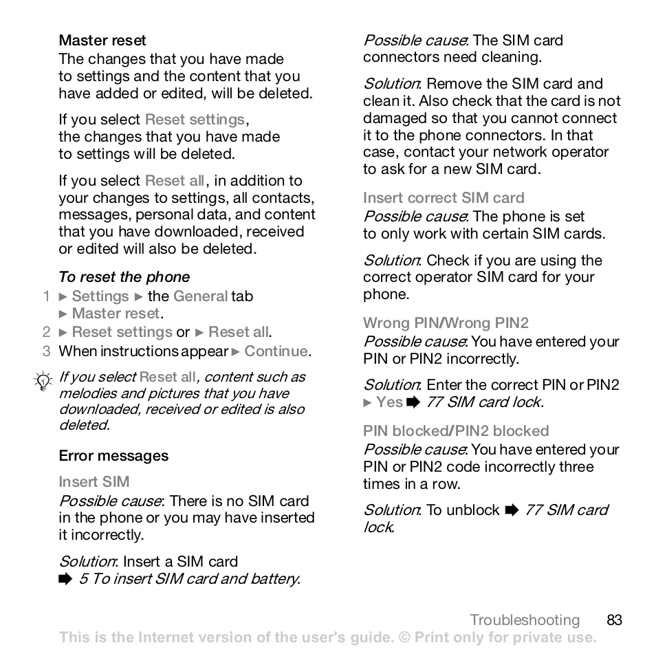 83 master, Reset | Sony K800i User Manual | Page 83 / 98