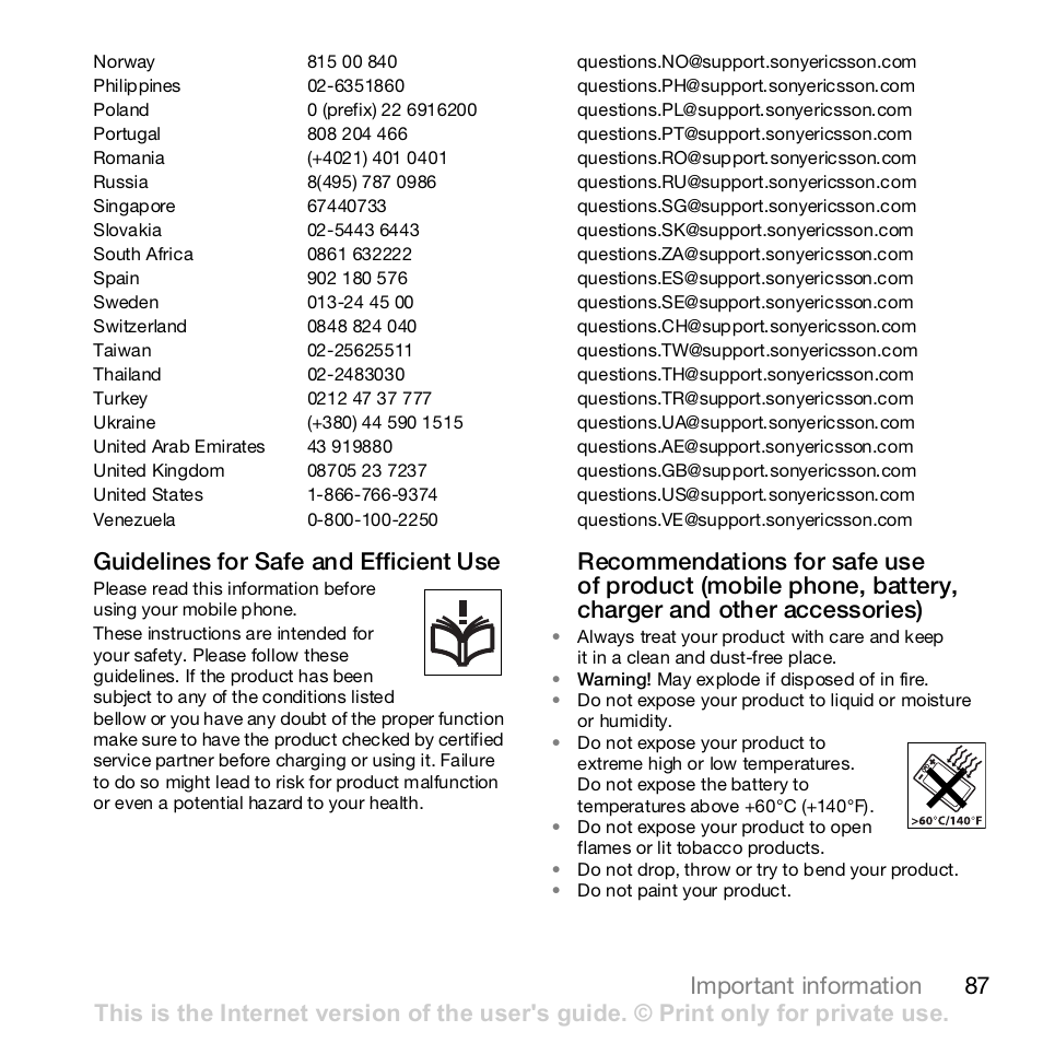 87 important information, Guidelines for safe and efficient use | Sony K800i User Manual | Page 87 / 98