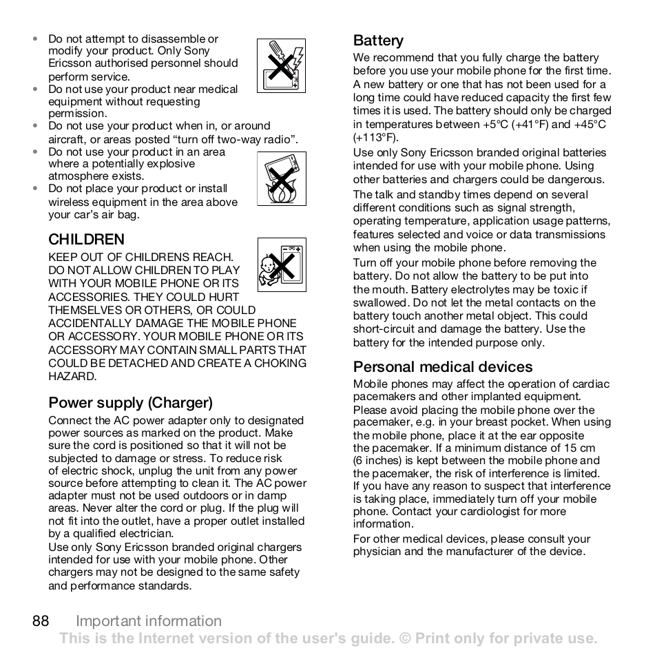 88 important information, Children, Power supply (charger) | Battery, Personal medical devices | Sony K800i User Manual | Page 88 / 98