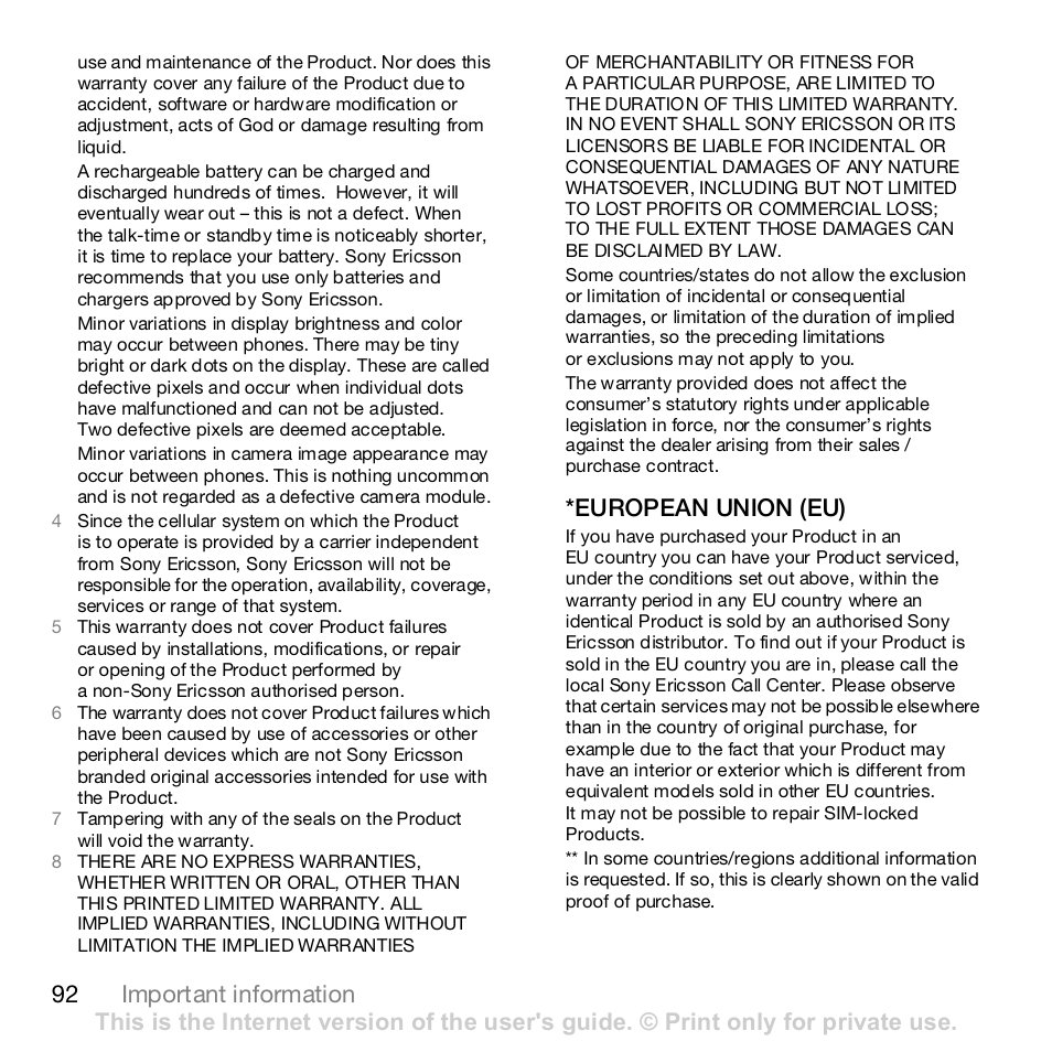 92 important information, European union (eu) | Sony K800i User Manual | Page 92 / 98