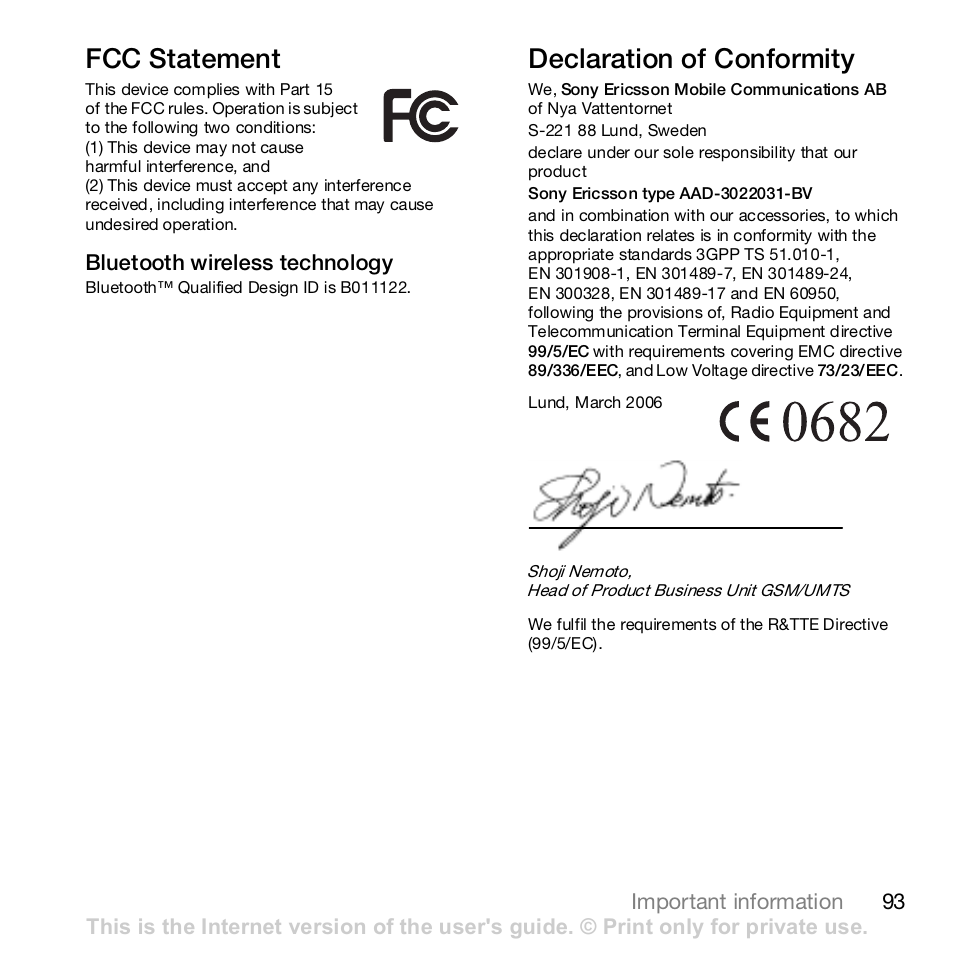 Fcc statement, Declaration of conformity | Sony K800i User Manual | Page 93 / 98