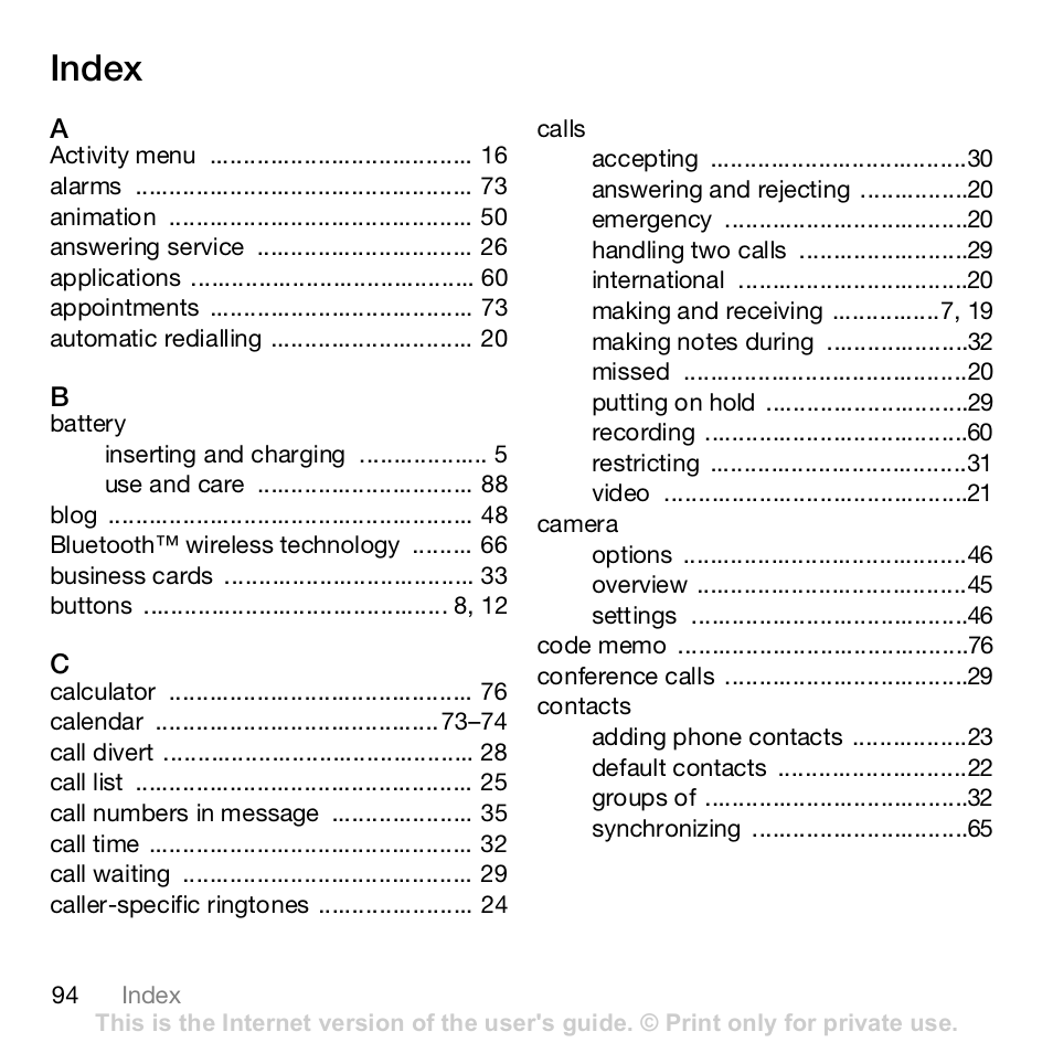 Index | Sony K800i User Manual | Page 94 / 98