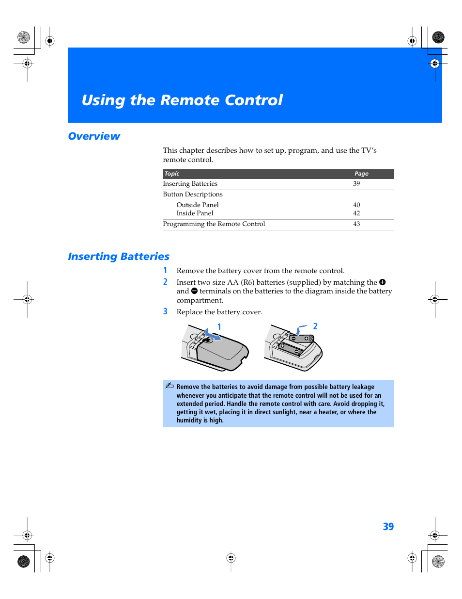Using the remote control, Overview, Inserting batteries | Overview inserting batteries | Sony WEGA KV-34XBR800 User Manual | Page 40 / 91