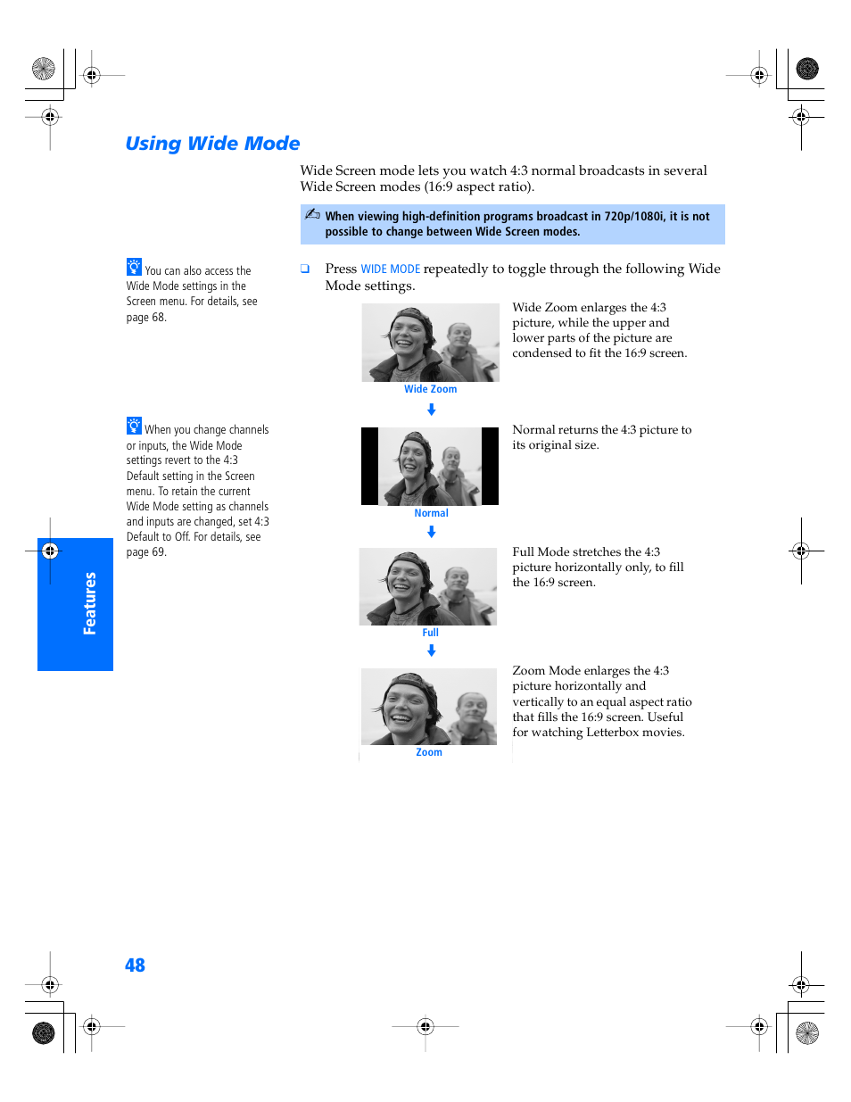 Using wide mode | Sony WEGA KV-34XBR800 User Manual | Page 49 / 91