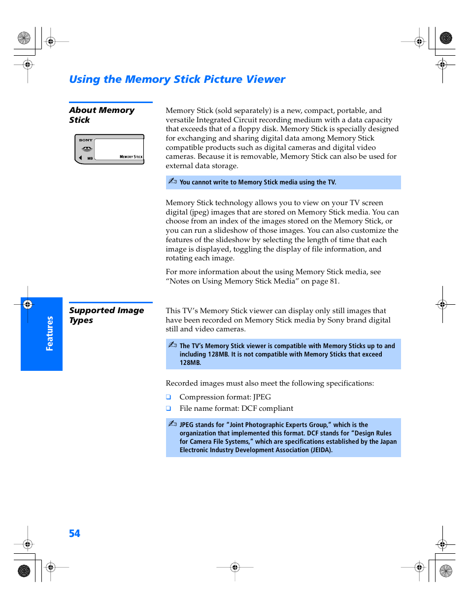 Using the memory stick picture viewer, About memory stick, Supported image types | Sony WEGA KV-34XBR800 User Manual | Page 55 / 91