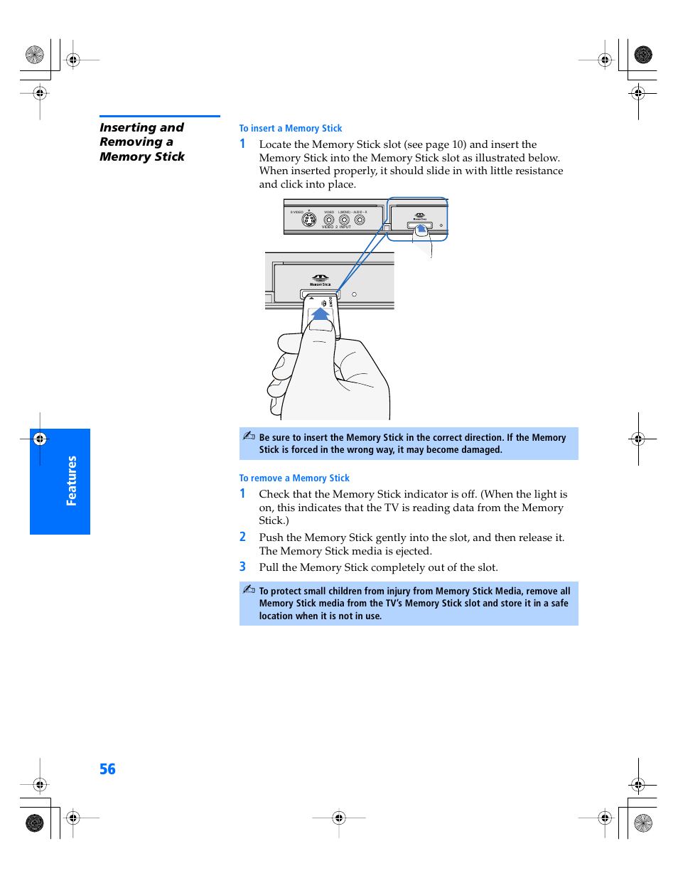 Inserting and removing a memory stick | Sony WEGA KV-34XBR800 User Manual | Page 57 / 91