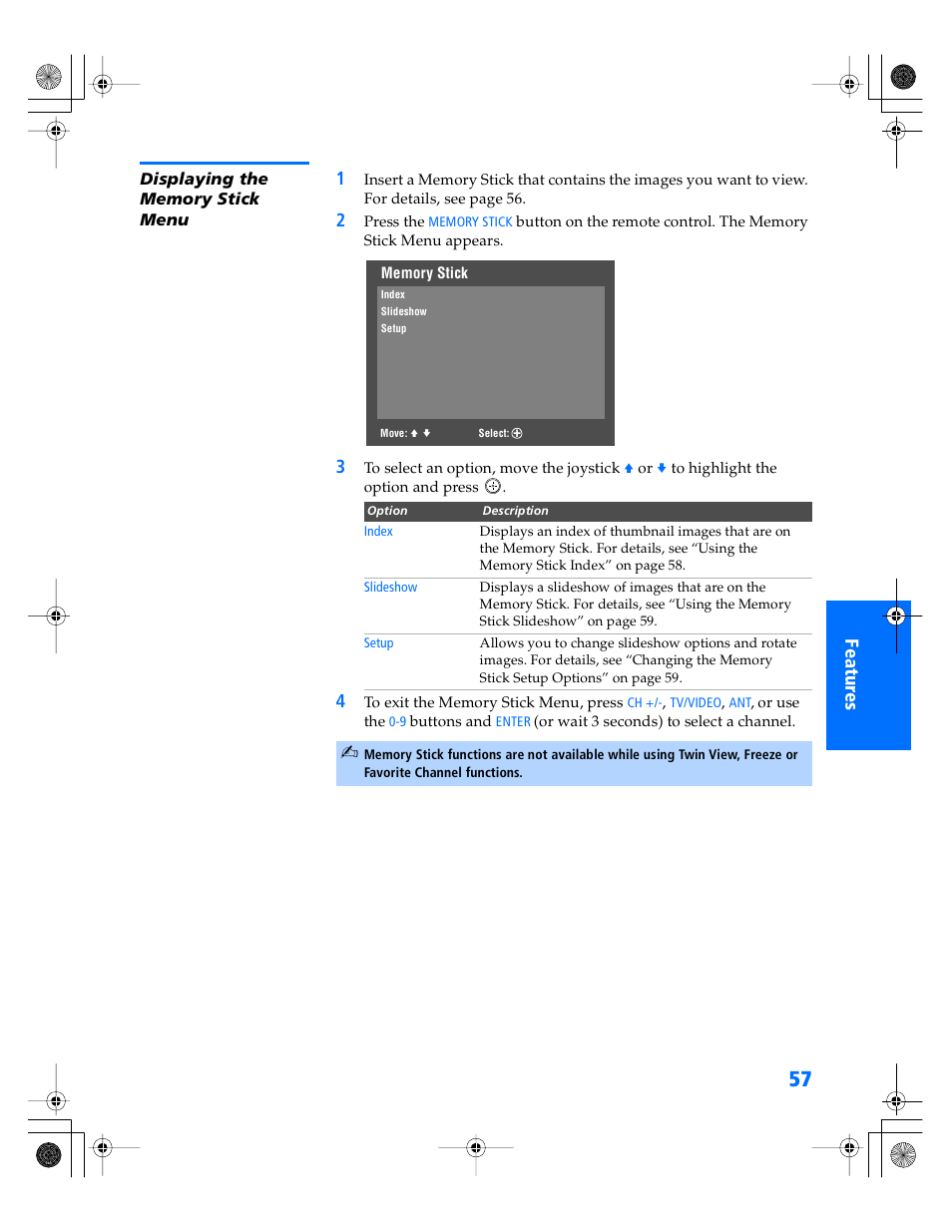 Displaying the memory stick menu | Sony WEGA KV-34XBR800 User Manual | Page 58 / 91