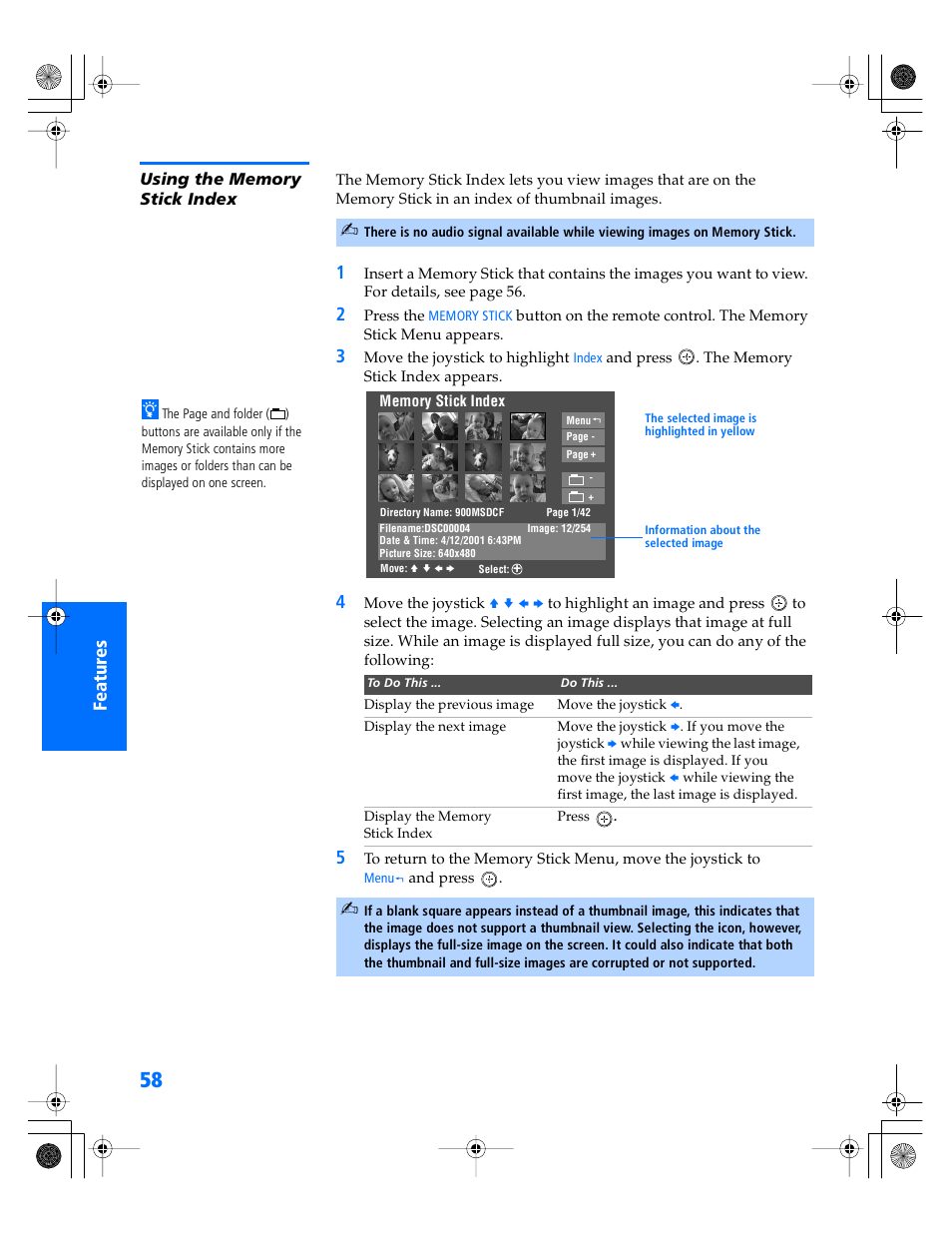Using the memory stick index | Sony WEGA KV-34XBR800 User Manual | Page 59 / 91