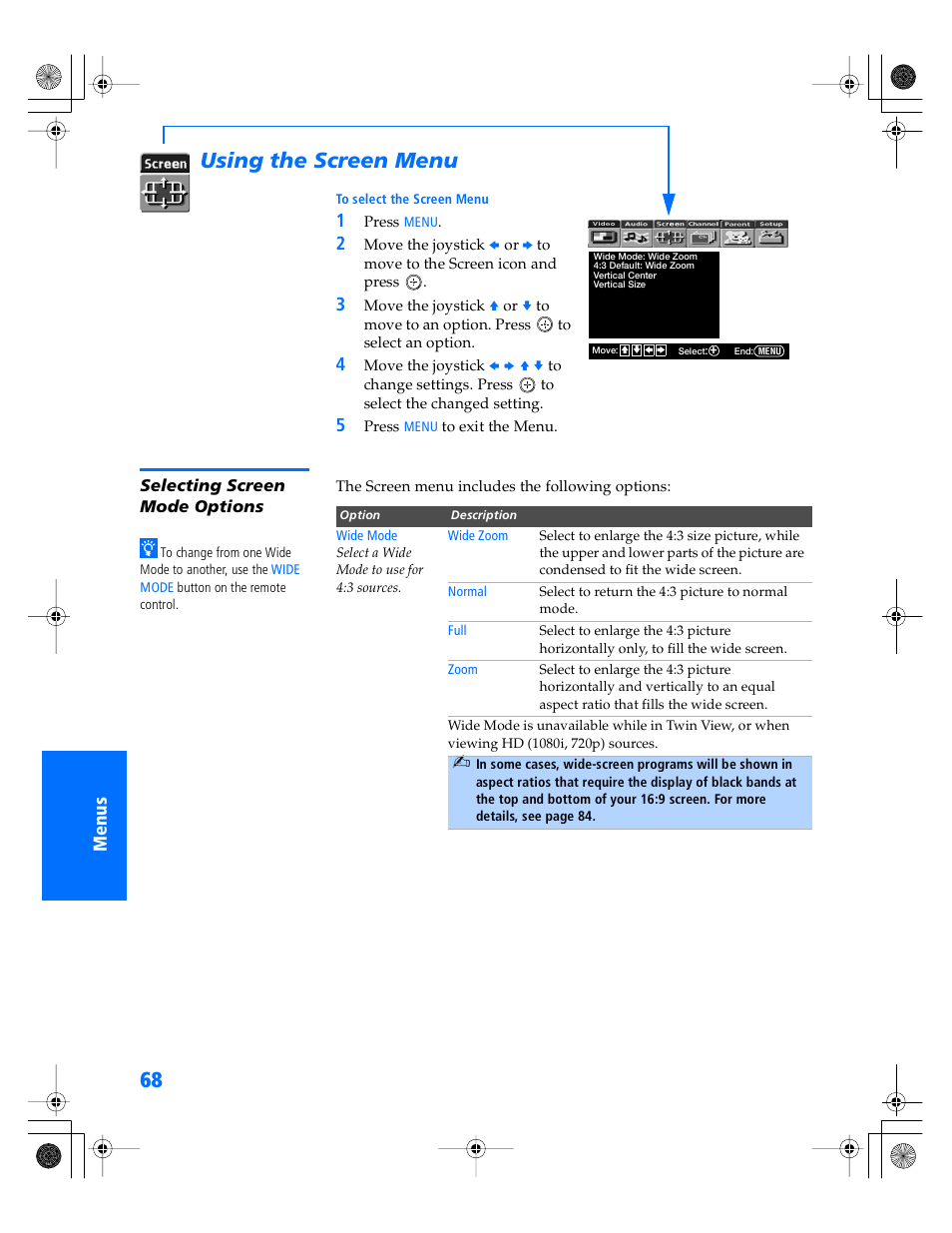 Using the screen menu, Selecting screen mode options | Sony WEGA KV-34XBR800 User Manual | Page 69 / 91