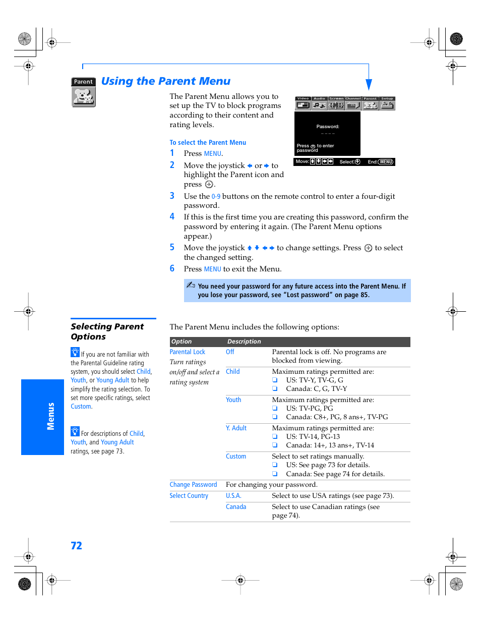 Using the parent menu, Selecting parent options | Sony WEGA KV-34XBR800 User Manual | Page 73 / 91