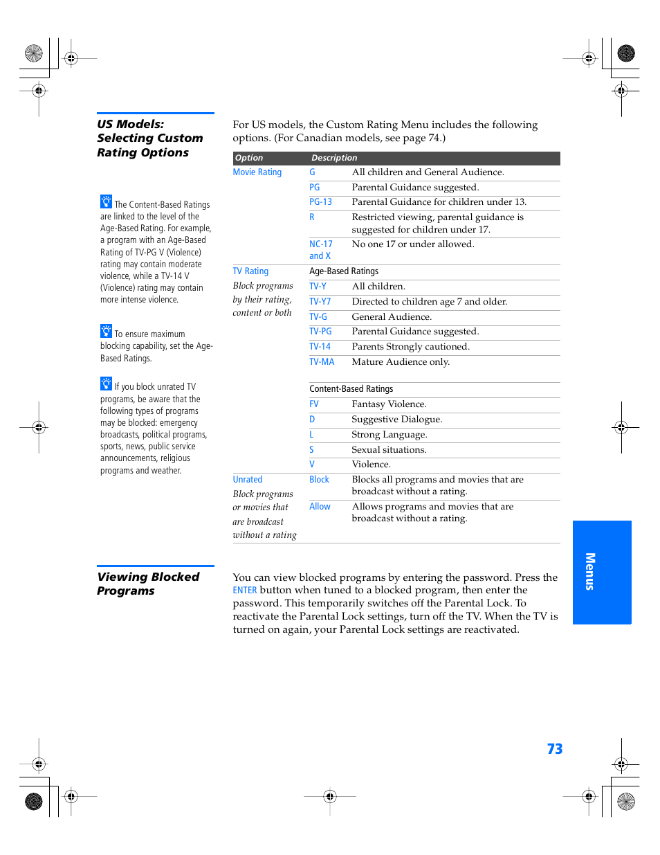 Us models: selecting custom rating options, Viewing blocked programs | Sony WEGA KV-34XBR800 User Manual | Page 74 / 91