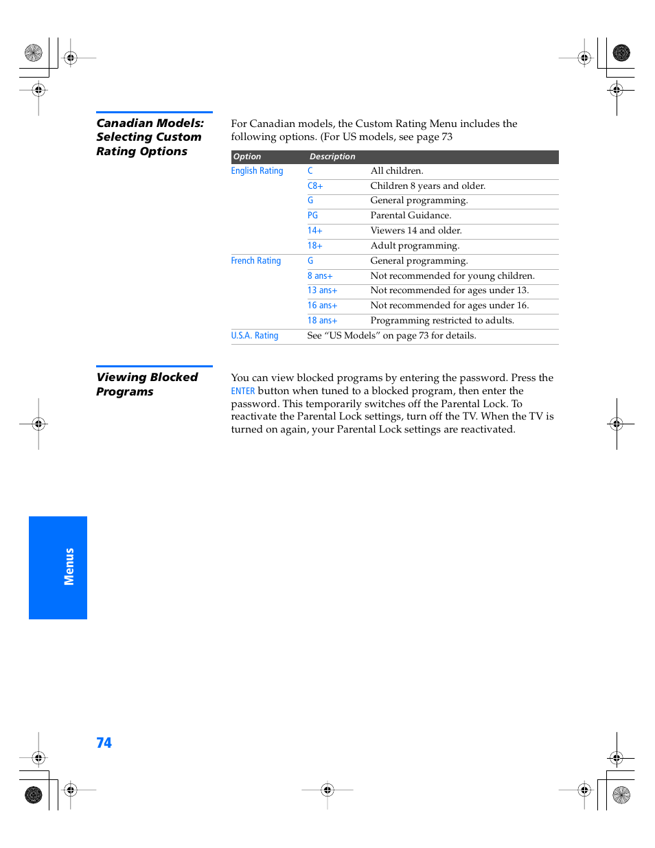 Canadian models: selecting custom rating options, Viewing blocked programs | Sony WEGA KV-34XBR800 User Manual | Page 75 / 91