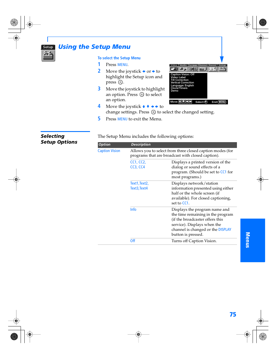 Using the setup menu, Selecting setup options | Sony WEGA KV-34XBR800 User Manual | Page 76 / 91