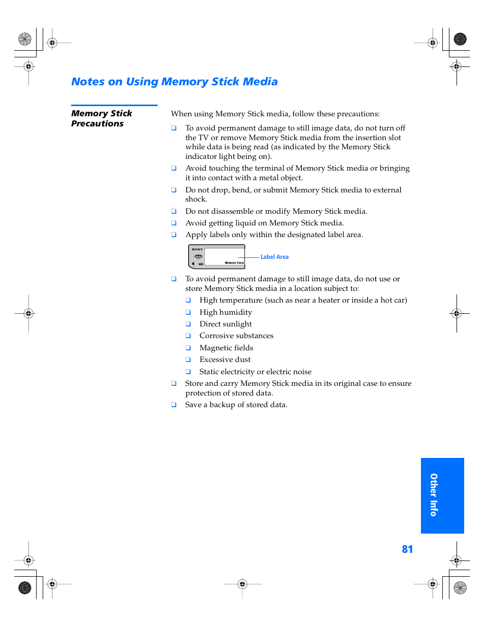 Notes on using memory stick media, Memory stick precautions | Sony WEGA KV-34XBR800 User Manual | Page 82 / 91