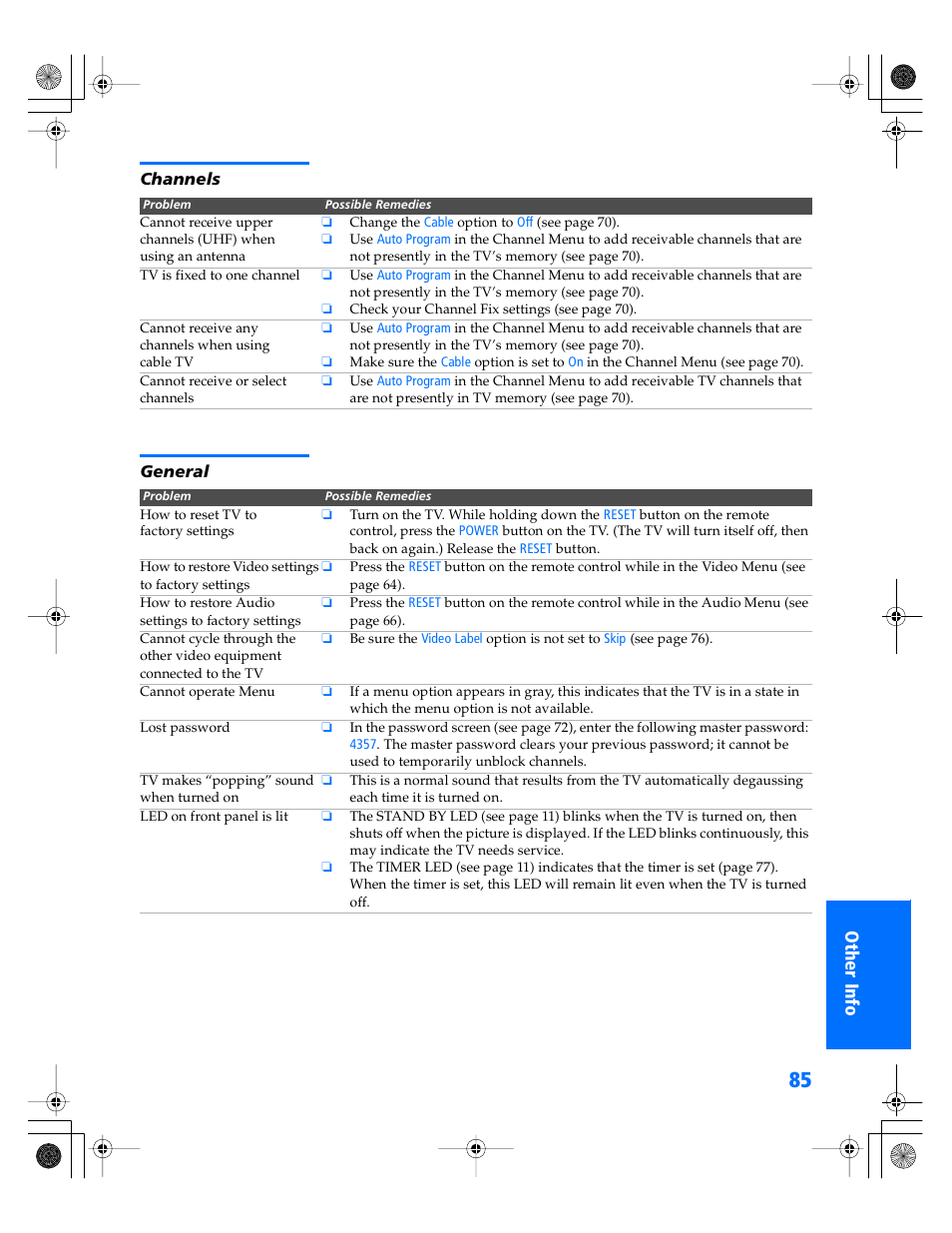 Channels, General | Sony WEGA KV-34XBR800 User Manual | Page 86 / 91