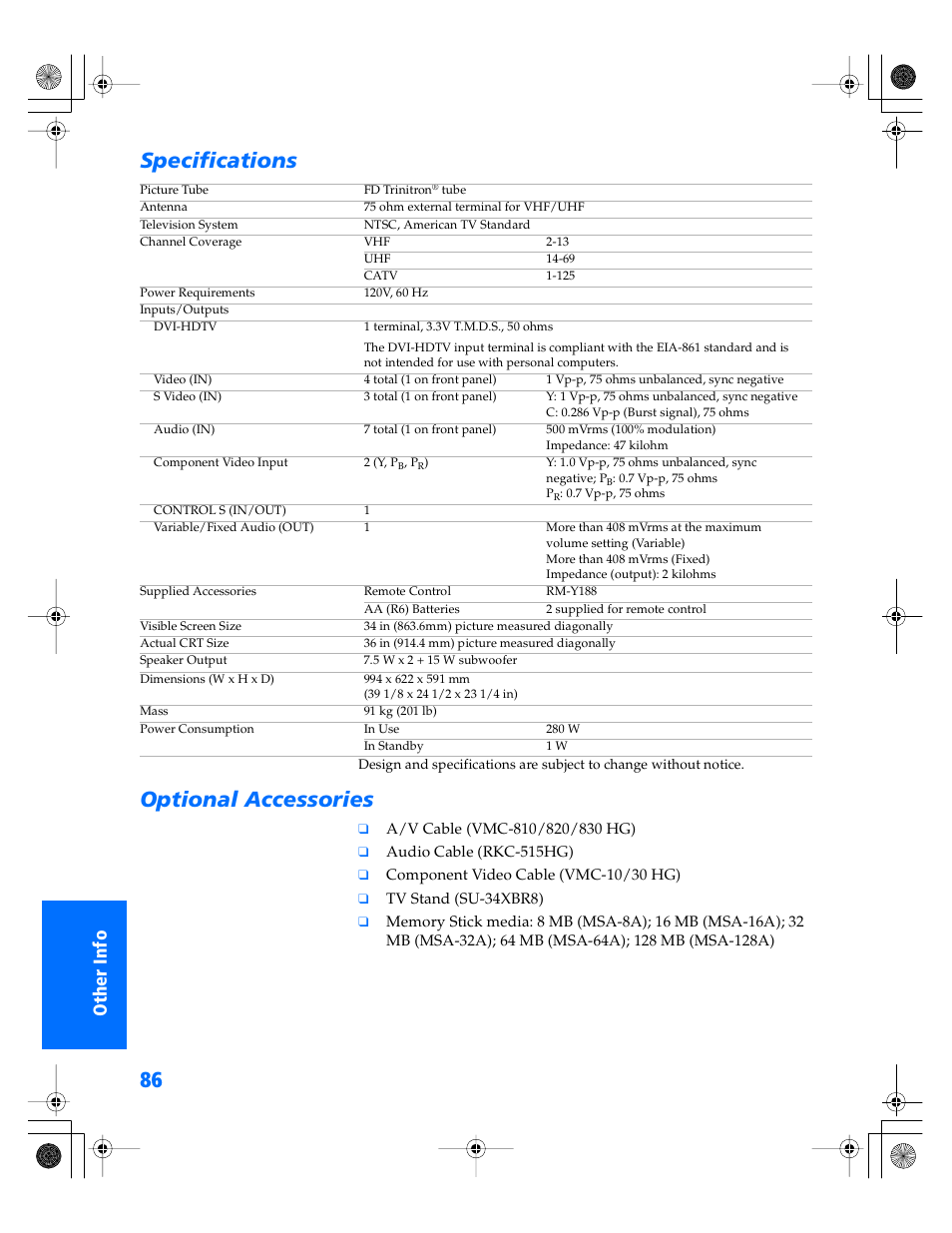 Specifications, Optional accessories, Specifications optional accessories | Sony WEGA KV-34XBR800 User Manual | Page 87 / 91
