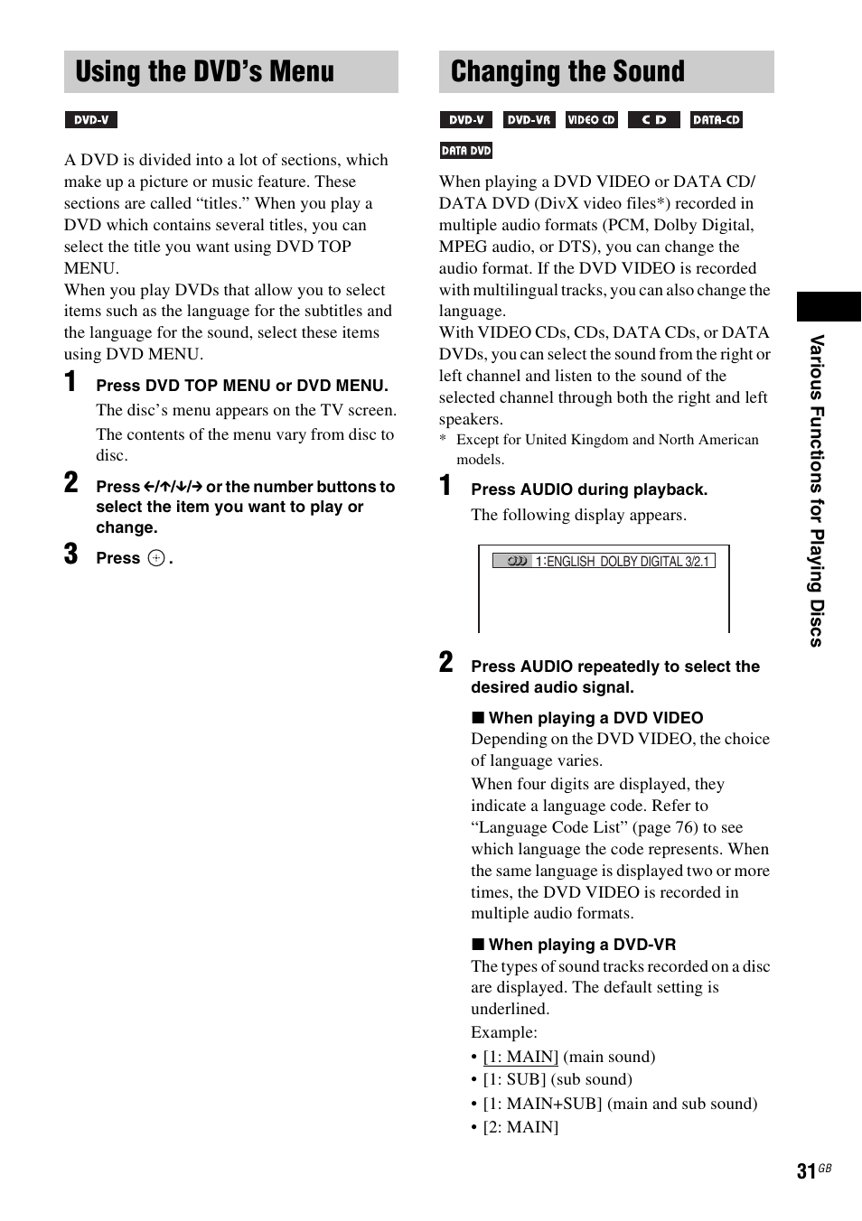 Using the dvd’s menu, Changing the sound, Using the dvd’s menu changing the sound | Sony 3-283-028-11(1) User Manual | Page 31 / 88