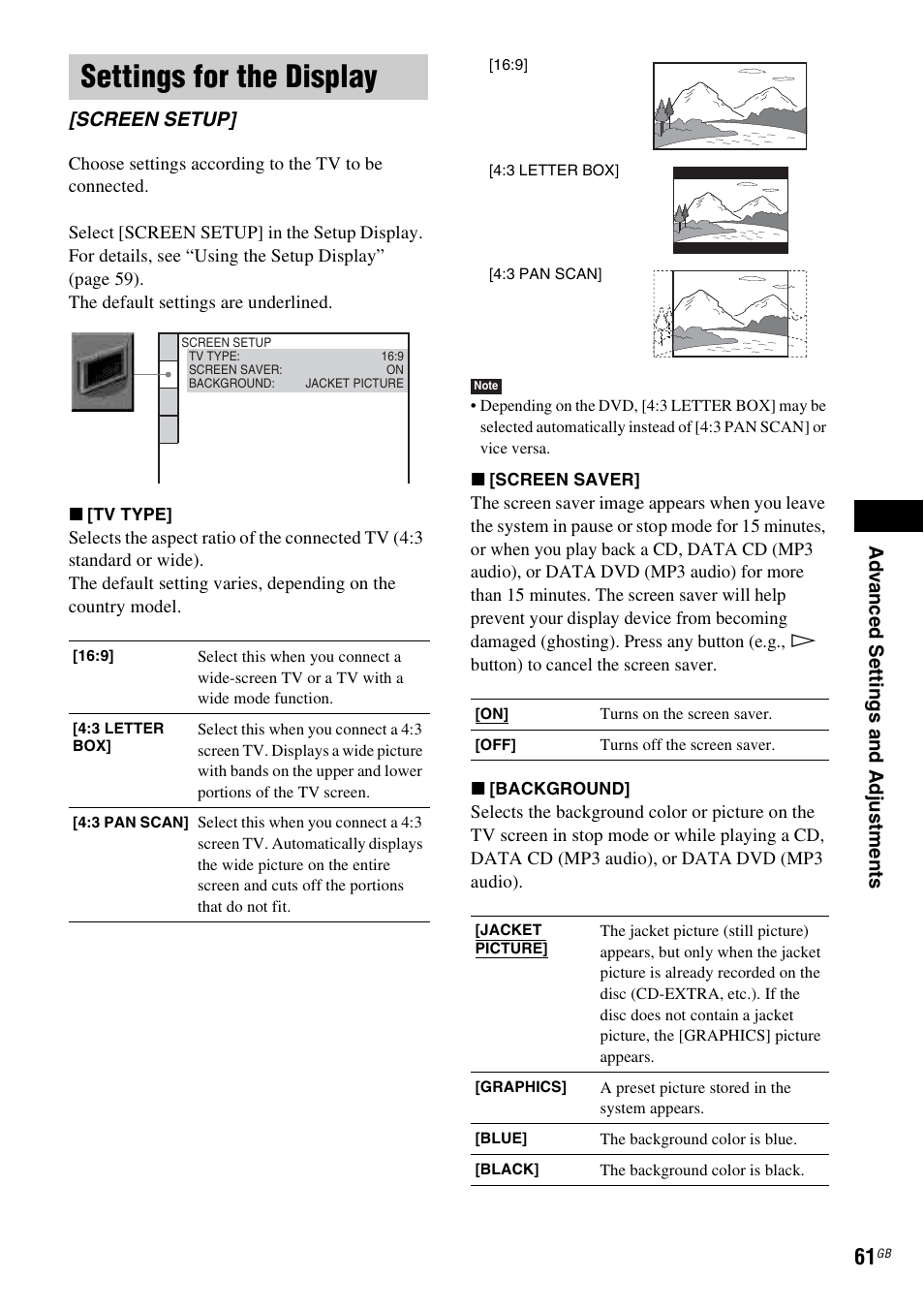 Settings for the display, Screen setup | Sony 3-283-028-11(1) User Manual | Page 61 / 88
