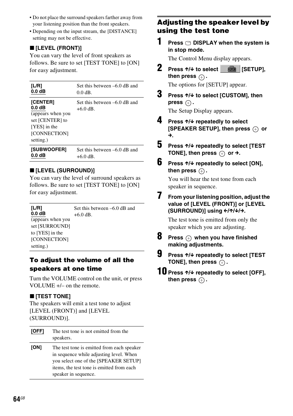 Adjusting the speaker level by using the test tone | Sony 3-283-028-11(1) User Manual | Page 64 / 88