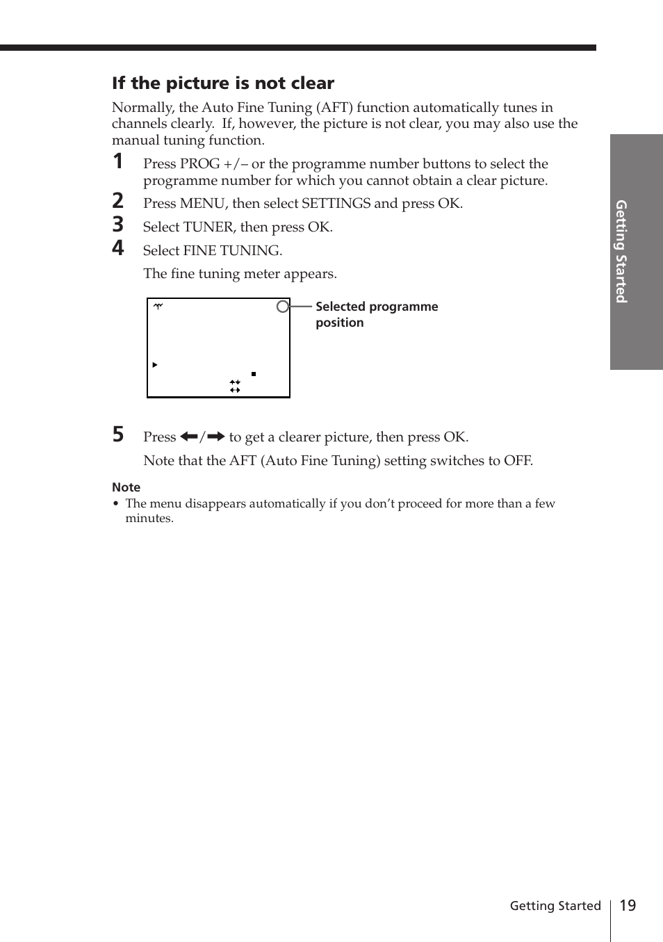 If the picture is not clear, Getting started, Press menu, then select settings and press ok | Select tuner, then press ok, Select fine tuning. the fine tuning meter appears | Sony SLV-E780EE User Manual | Page 19 / 52