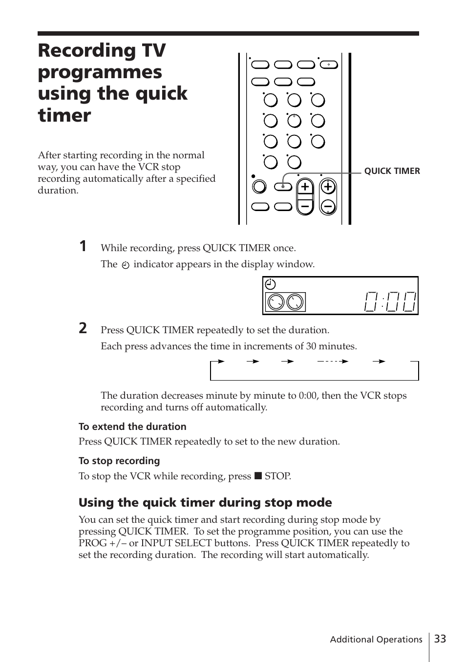 Recording tv programmes using the quick timer, Using the quick timer during stop mode | Sony SLV-E780EE User Manual | Page 33 / 52