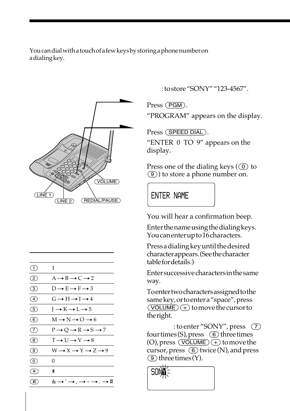 Telephone features, Speed dialing, Storing phone numbers and names | Enter name, Son y | Sony SPP-IM977 User Manual | Page 34 / 72