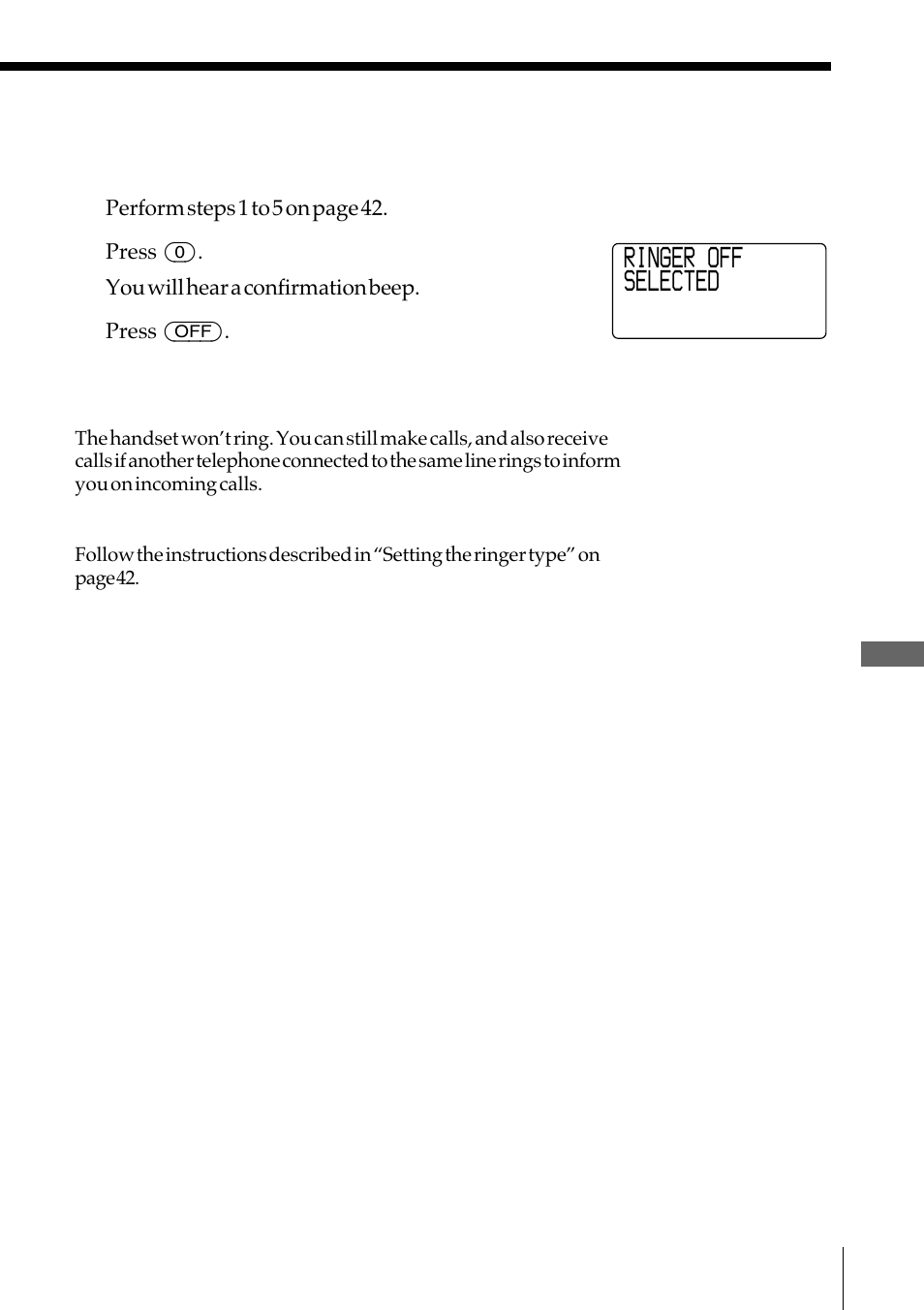 Turning off the ringer of the handset, Ringer off selected | Sony SPP-IM977 User Manual | Page 43 / 72