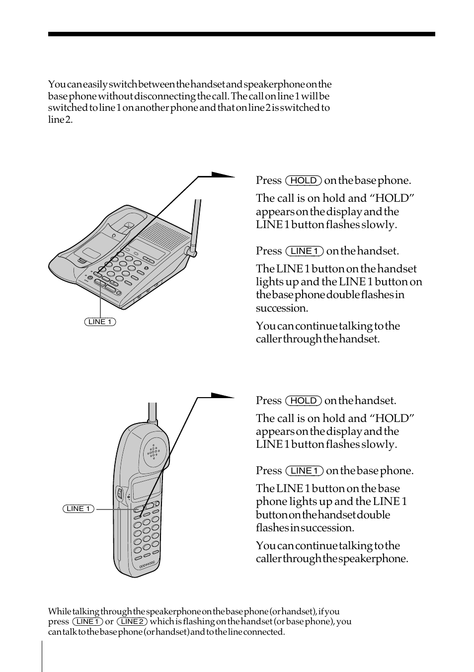 Switching the phones during a call, To switch from the base phone to the handset, To switch from the handset to the base phone | Sony SPP-IM977 User Manual | Page 44 / 72