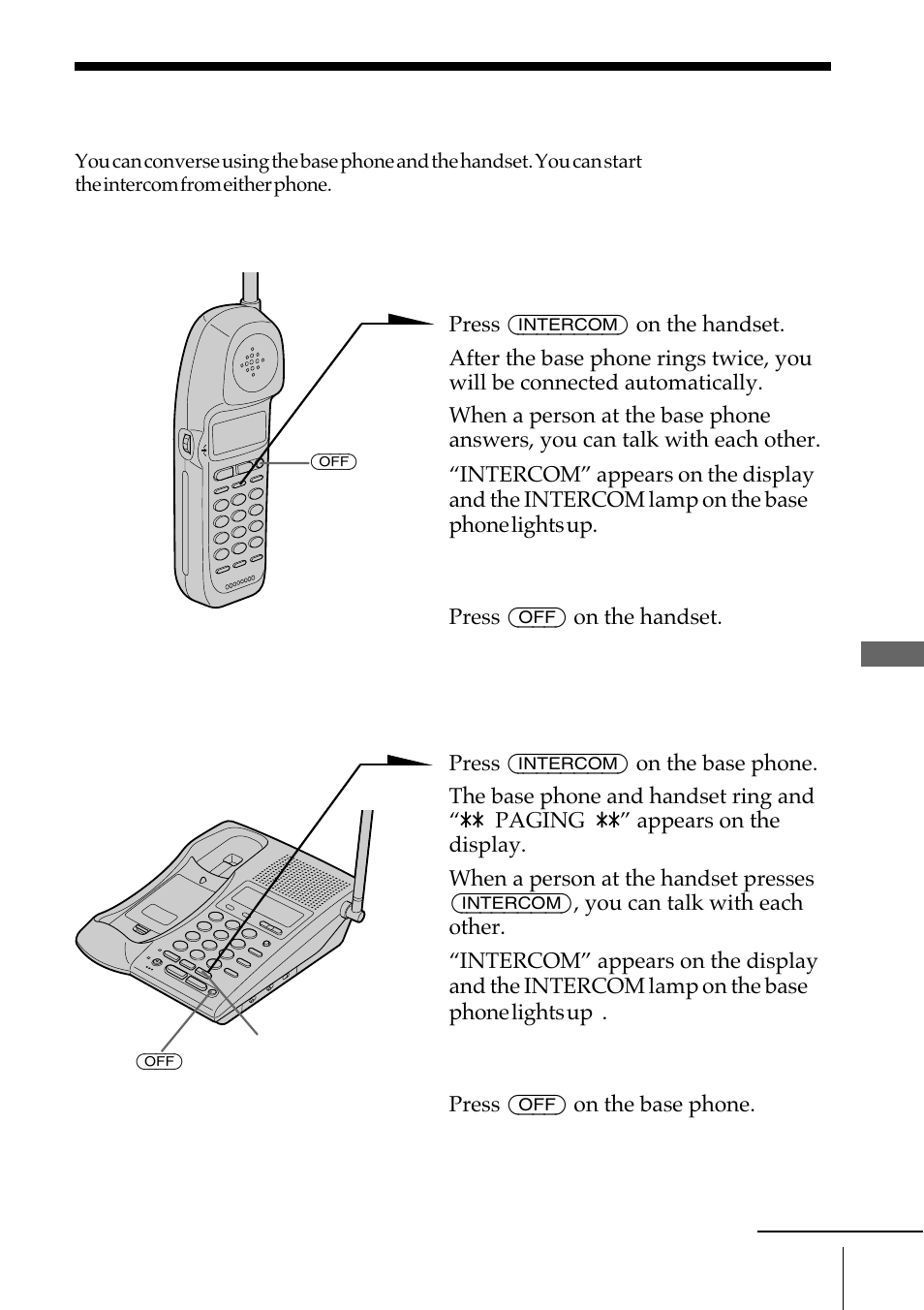 Talking between the phones (intercom), To talk from the handset to the base phone, To talk from the base phone to the handset | Sony SPP-IM977 User Manual | Page 45 / 72