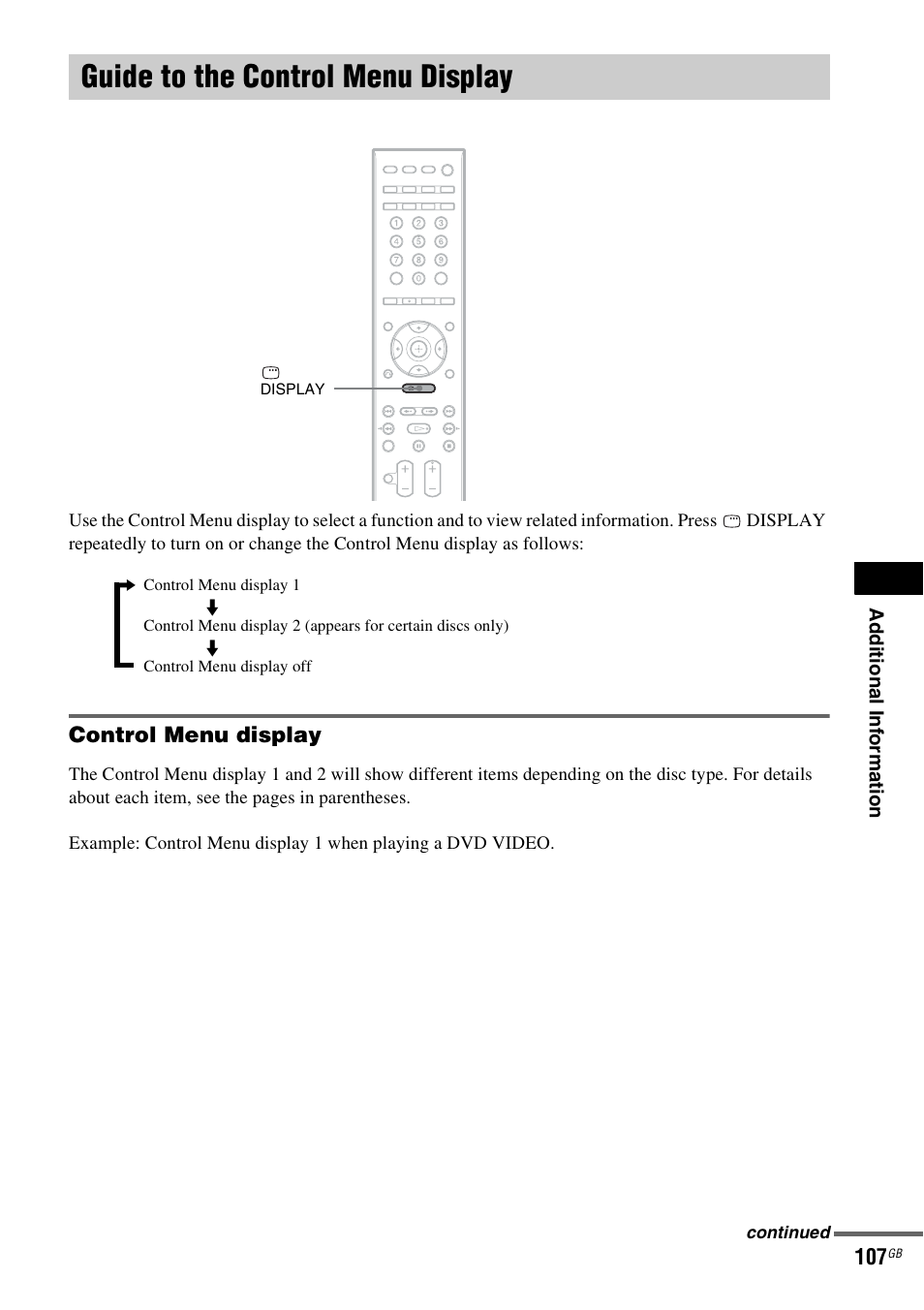 Guide to the control menu display, Control menu display | Sony DAV-DZ830W User Manual | Page 107 / 116
