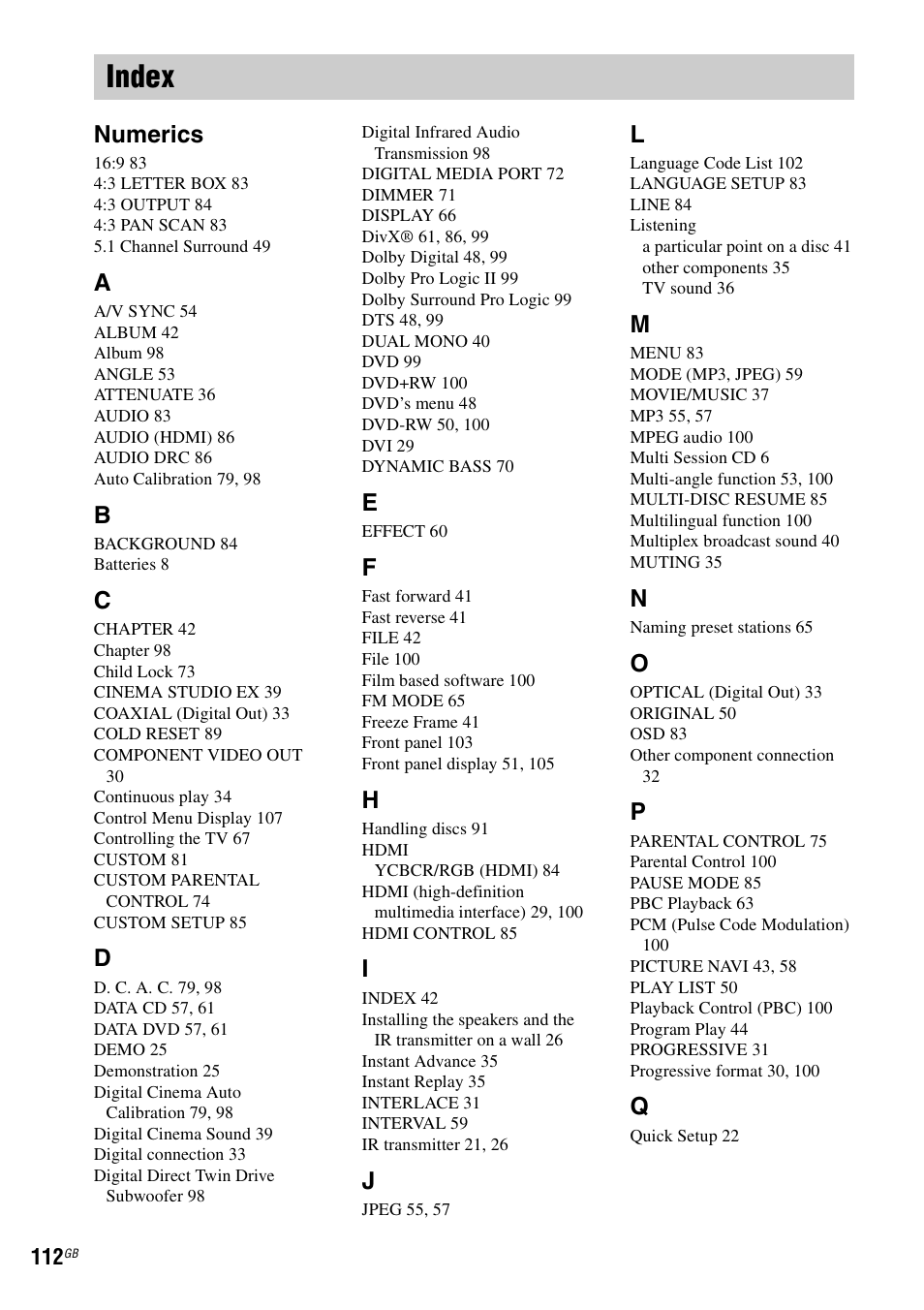 Index, Numerics | Sony DAV-DZ830W User Manual | Page 112 / 116