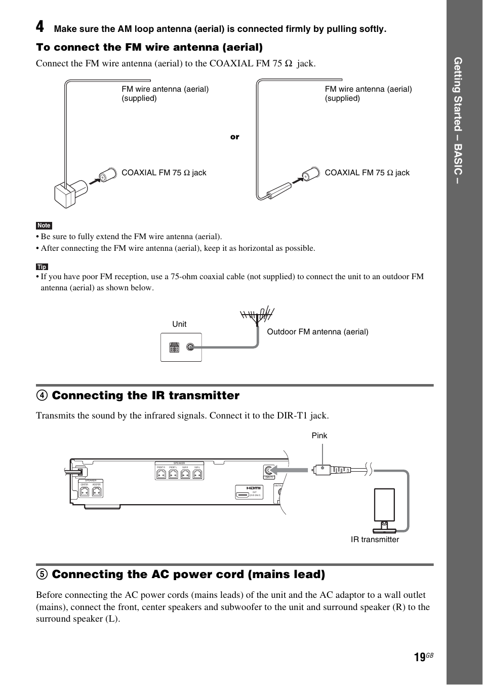 4 connecting the ir transmitter, 5 connecting the ac power cord (mains lead), 4connecting the ir transmitter | 5connecting the ac power cord (mains lead), Ge tting star te d – b a sic | Sony DAV-DZ830W User Manual | Page 19 / 116