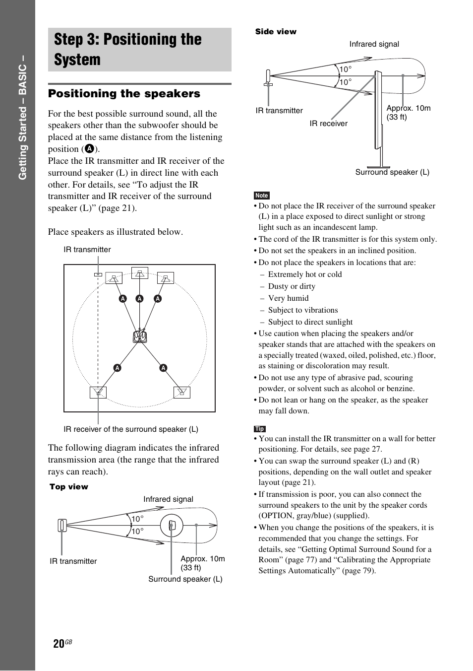 Step 3: positioning the system, Positioning the speakers | Sony DAV-DZ830W User Manual | Page 20 / 116