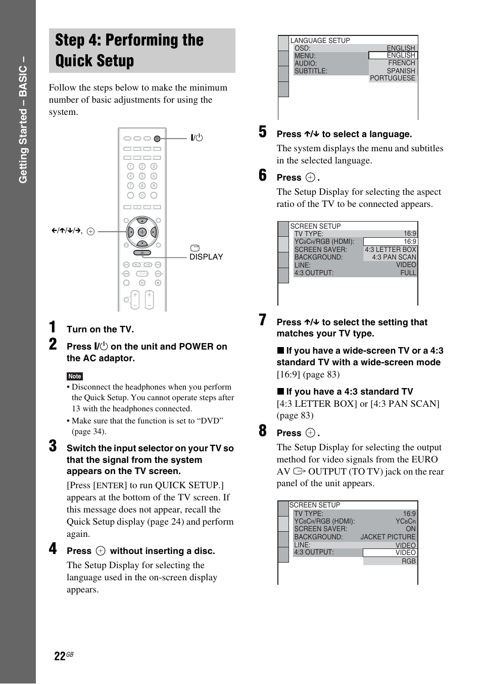 Step 4: performing the quick setup, Step 4: performing the quick, Setup | Sony DAV-DZ830W User Manual | Page 22 / 116