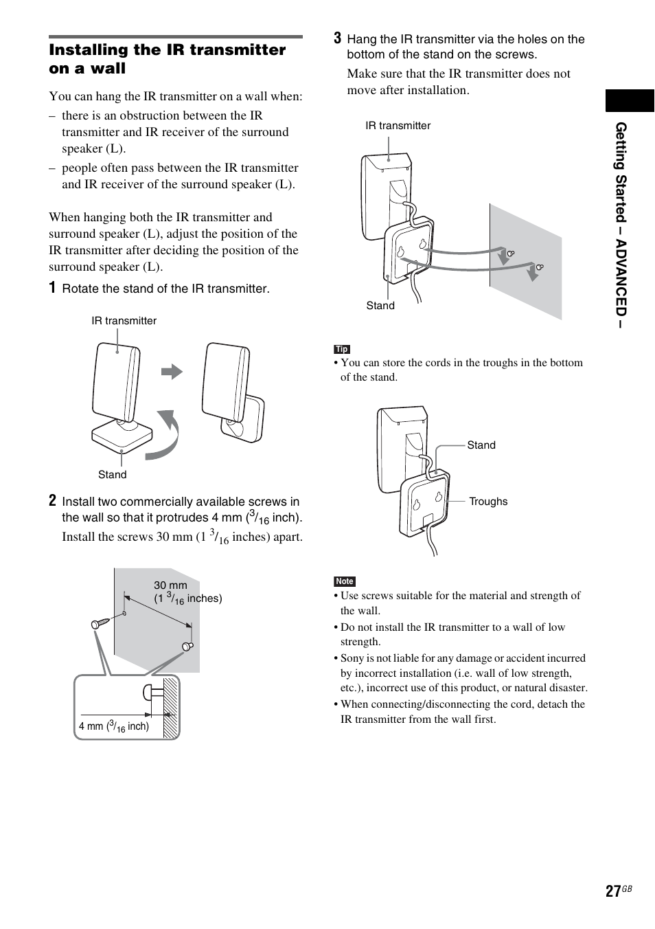 Installing the ir transmitter on a wall | Sony DAV-DZ830W User Manual | Page 27 / 116