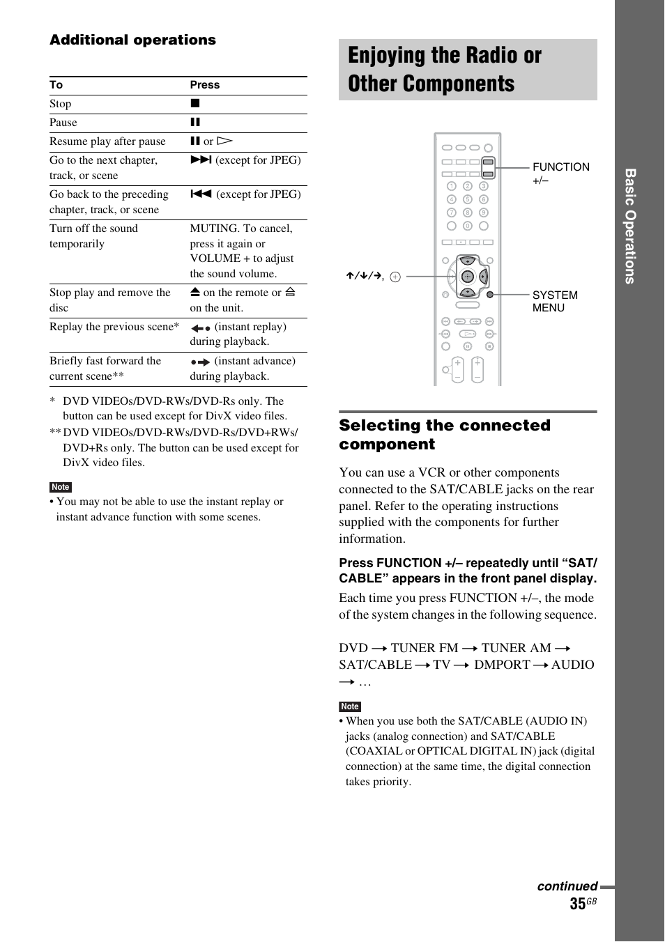 Enjoying the radio or other components, Selecting the connected component, Enjoying the radio or other | Components | Sony DAV-DZ830W User Manual | Page 35 / 116