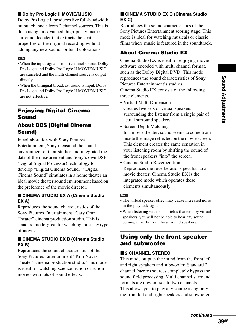 Enjoying digital cinema sound, Using only the front speaker and subwoofer | Sony DAV-DZ830W User Manual | Page 39 / 116