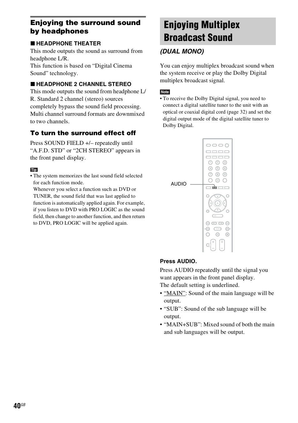 Enjoying the surround sound by headphones, Enjoying multiplex broadcast sound, Dual mono) | Sony DAV-DZ830W User Manual | Page 40 / 116
