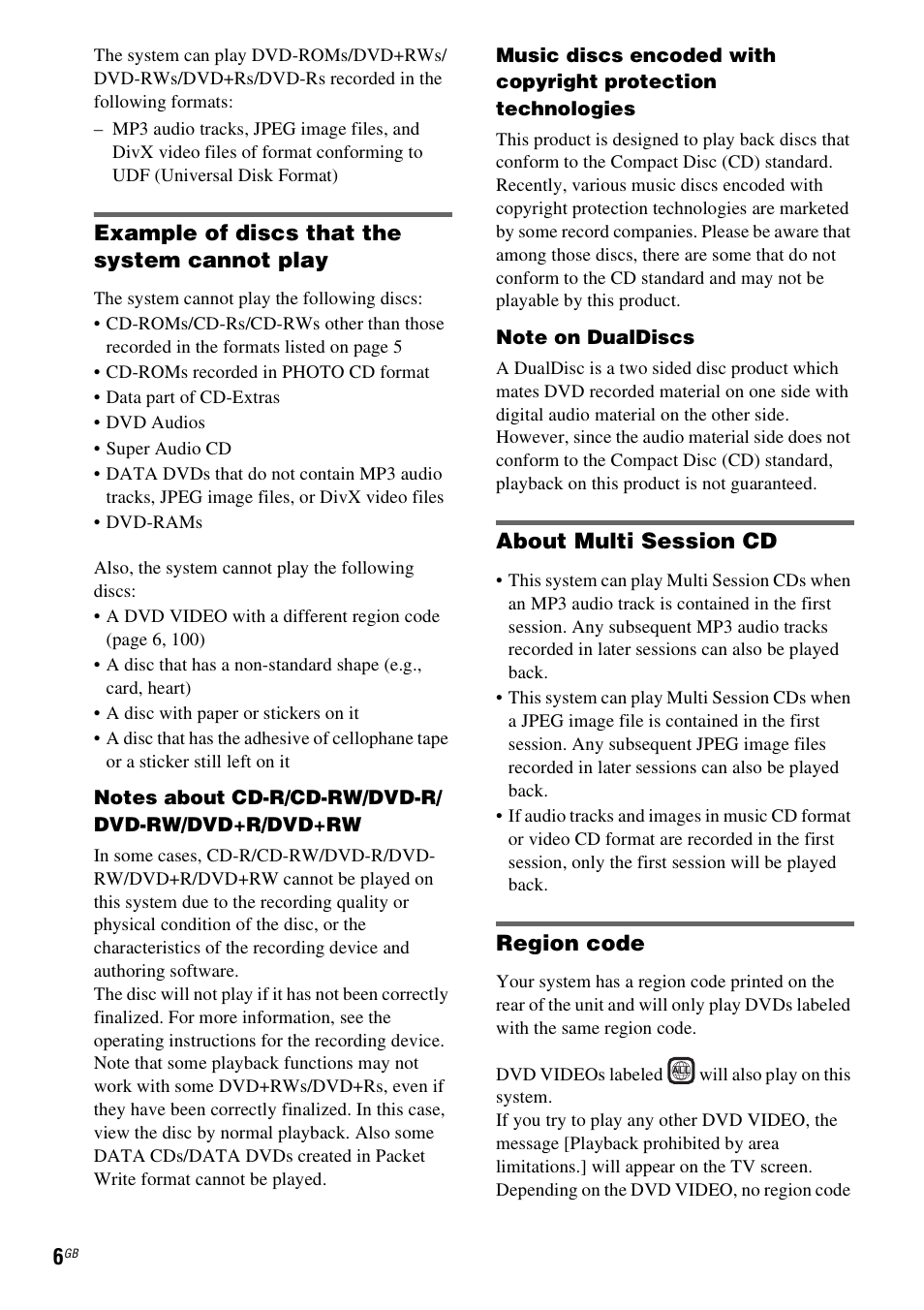 Example of discs that the system cannot play, About multi session cd, Region code | Sony DAV-DZ830W User Manual | Page 6 / 116