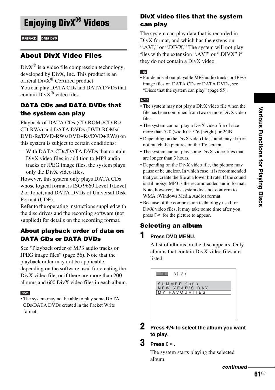 Enjoying divx® videos, About divx video files, Enjoying divx | Videos | Sony DAV-DZ830W User Manual | Page 61 / 116