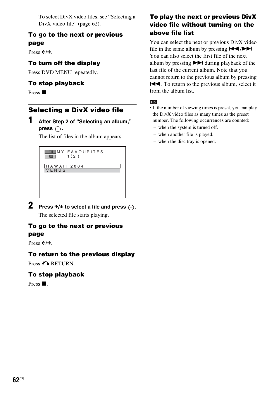 Selecting a divx video file | Sony DAV-DZ830W User Manual | Page 62 / 116