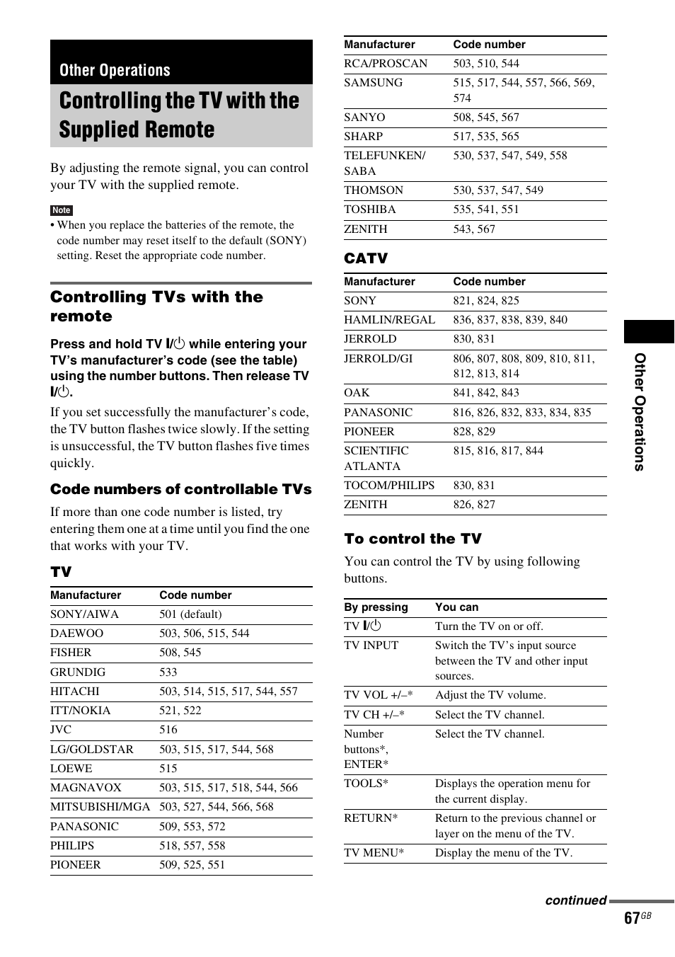 Other operations, Controlling the tv with the supplied remote, Controlling tvs with the remote | Controlling the tv with the supplied, Remote | Sony DAV-DZ830W User Manual | Page 67 / 116