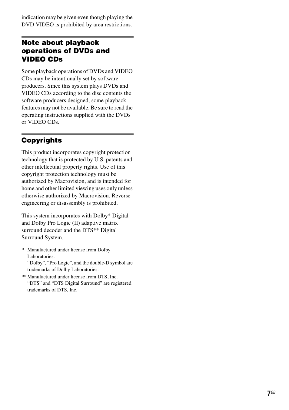 Copyrights | Sony DAV-DZ830W User Manual | Page 7 / 116
