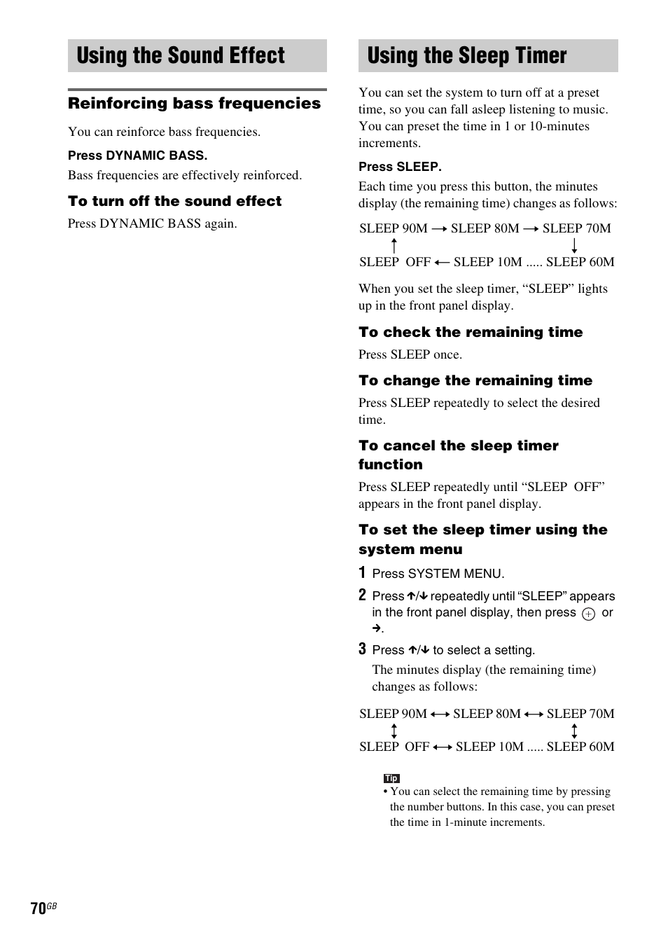 Using the sound effect, Reinforcing bass frequencies, Using the sleep timer | Using the sound effect using the sleep timer | Sony DAV-DZ830W User Manual | Page 70 / 116